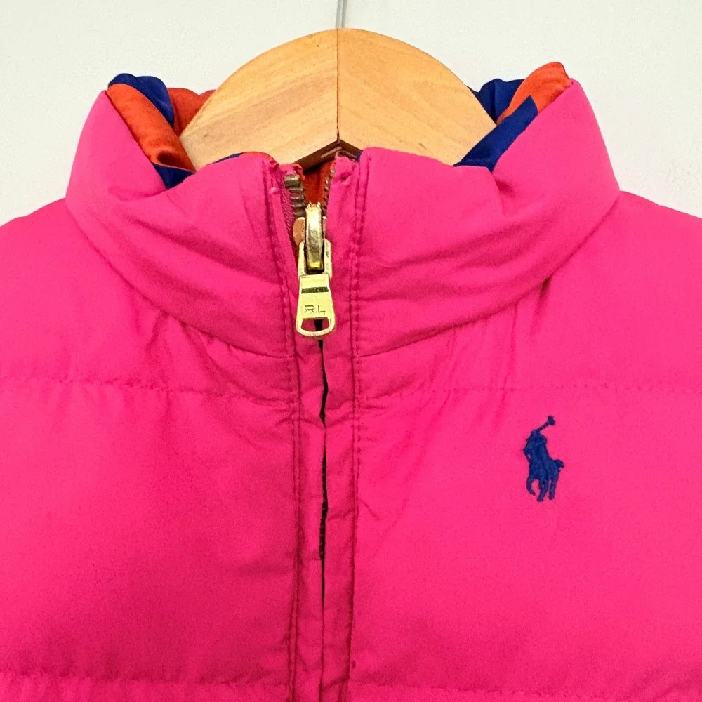 Ralph Lauren Girls Puffer Vest Reversible Size 5 Pink Orange Quilted Pony Logo